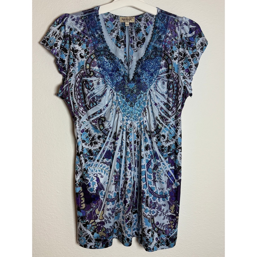 One World Live and Let‎ Live Blue Purple Paisley Beaded V-Neck Top Petite Large